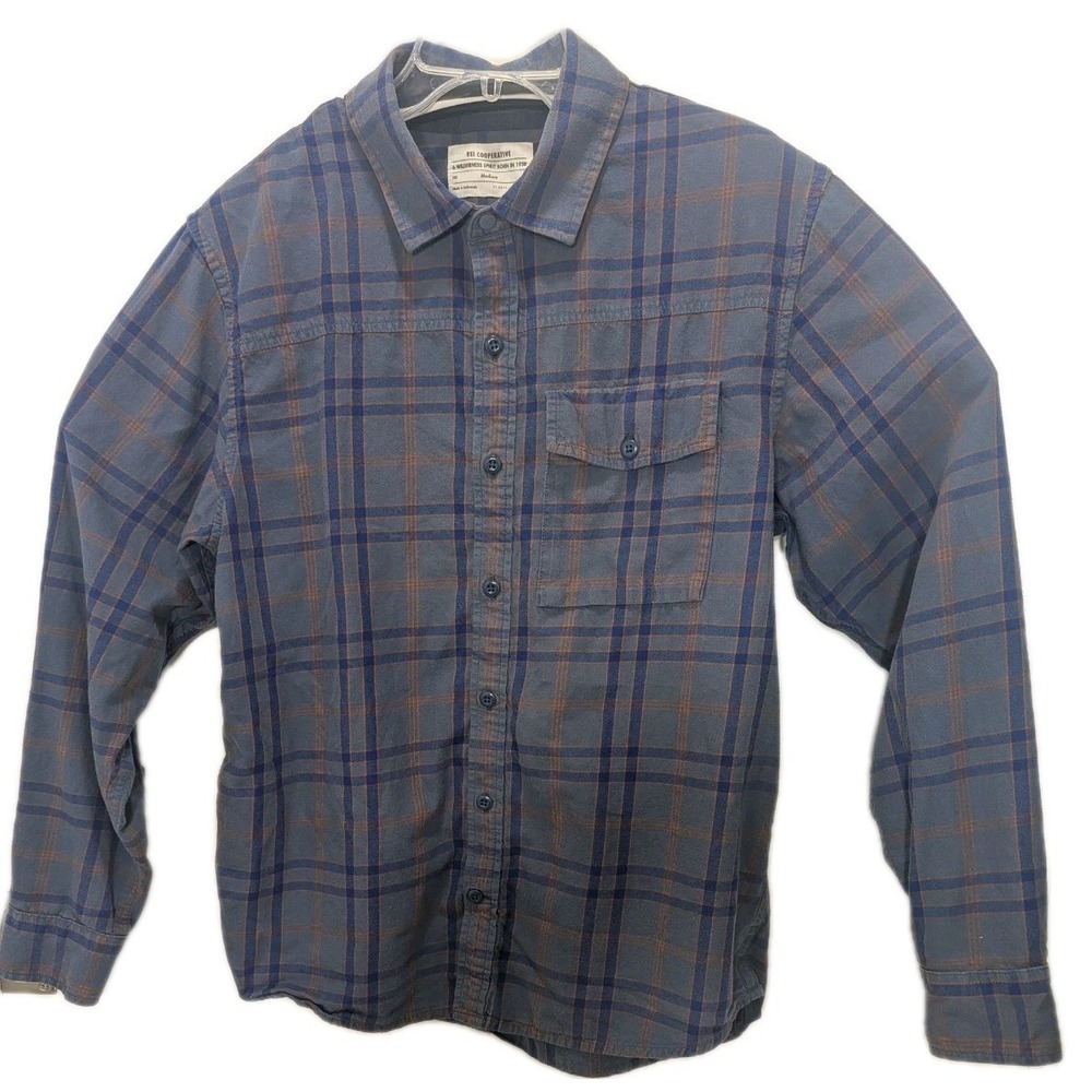 REI Cooperative Shirt Mens Large Blue Orange Plaid Long Sleeve Button Down Hike
